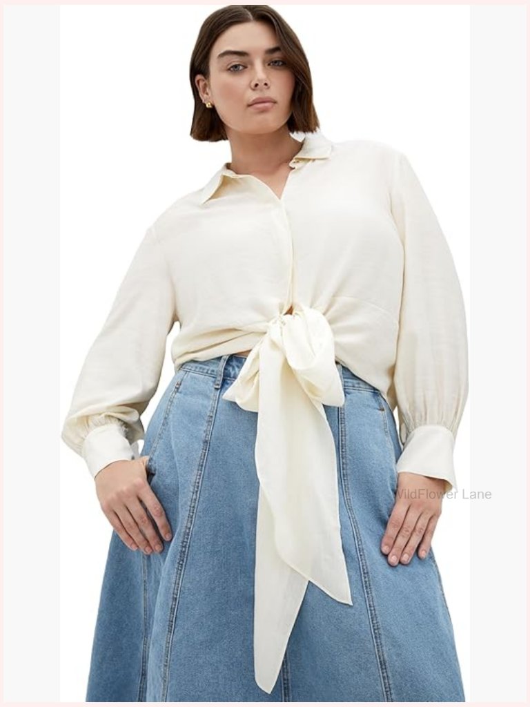 Curvy Button Down Blouse With Tie Detail - Collared Long Sleeve